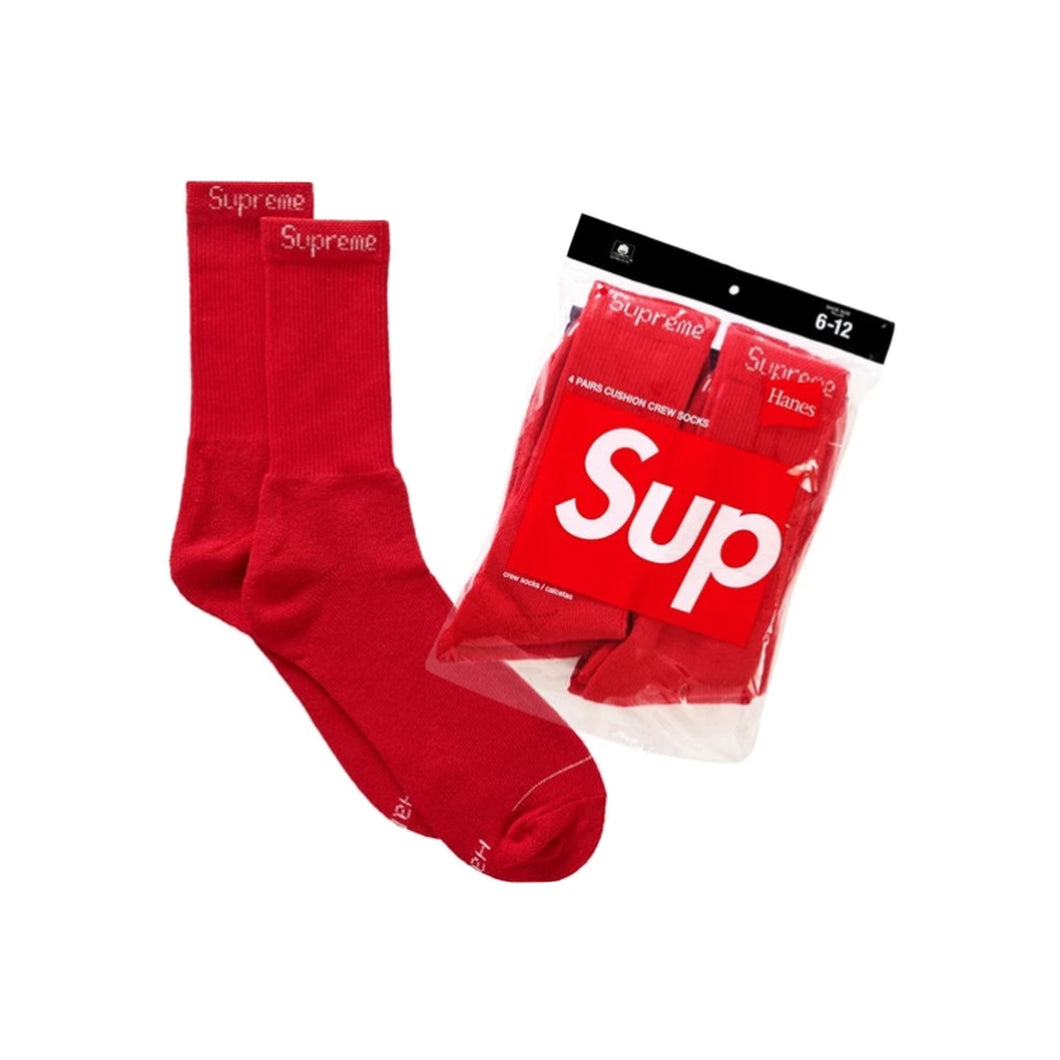 Supreme x Hanes Cushion Crew Socks (4 pairs) -Red, Accessories- dollarflexclub